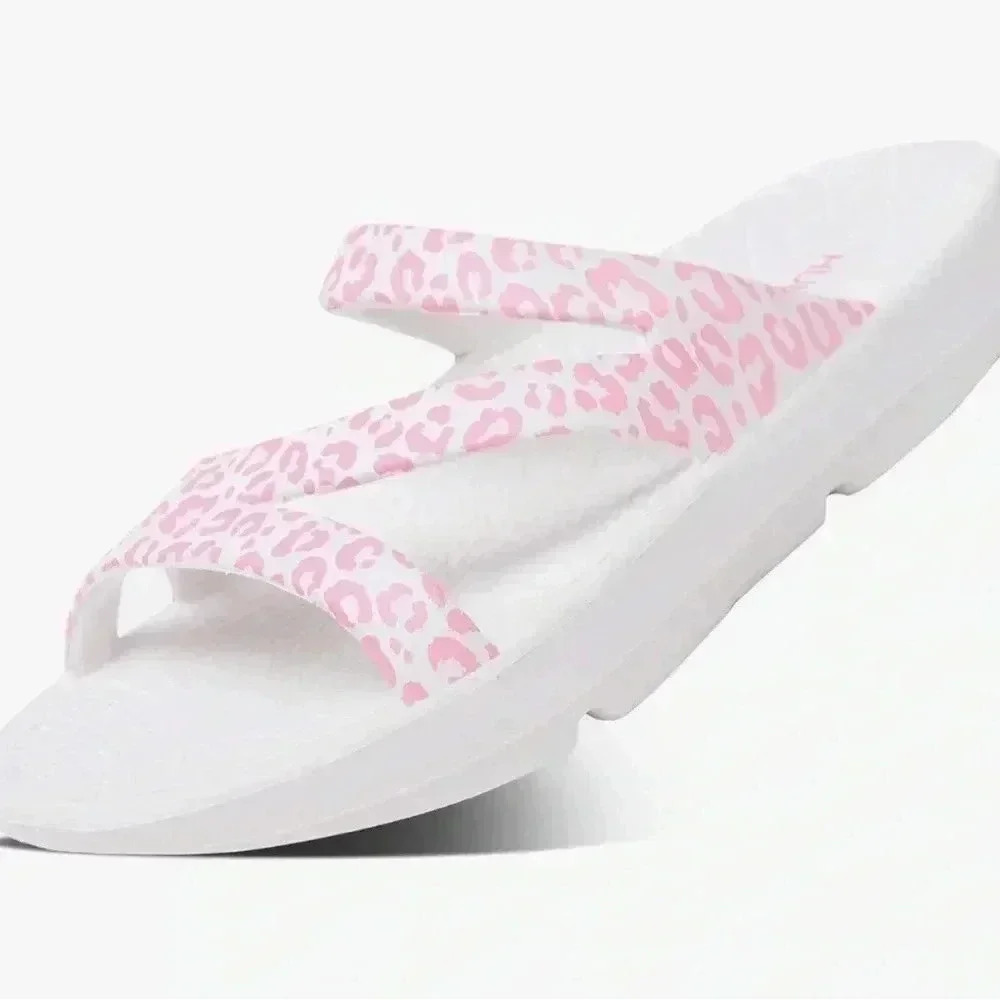 White & Pink Leopard Print Slide Sandals